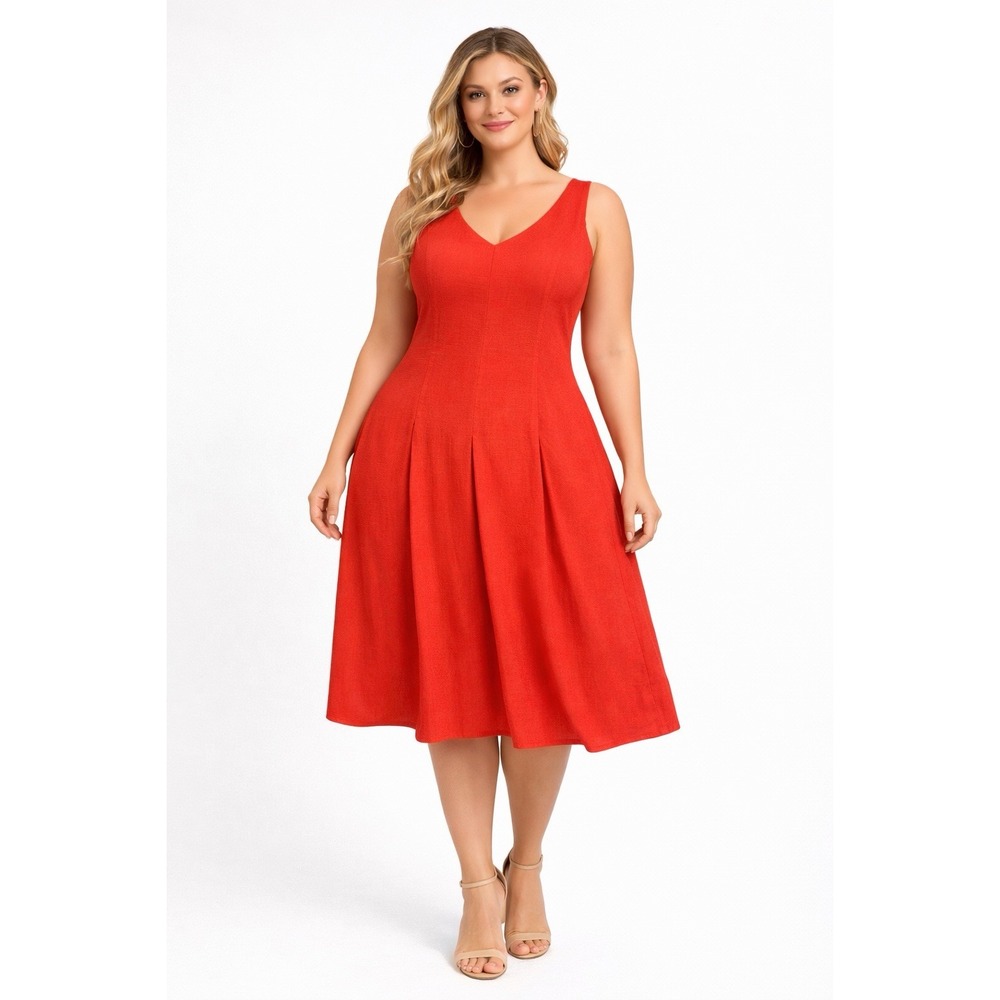 Coldwater Creek Orange Coral Rayon Sleeveless Midi Dress V Neck Pleated Sz P 16